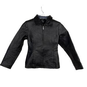 PHASE TWO Black 90s Leather Zip Up Collard Jacket Girl's 10-12 Vintage‎ Classic